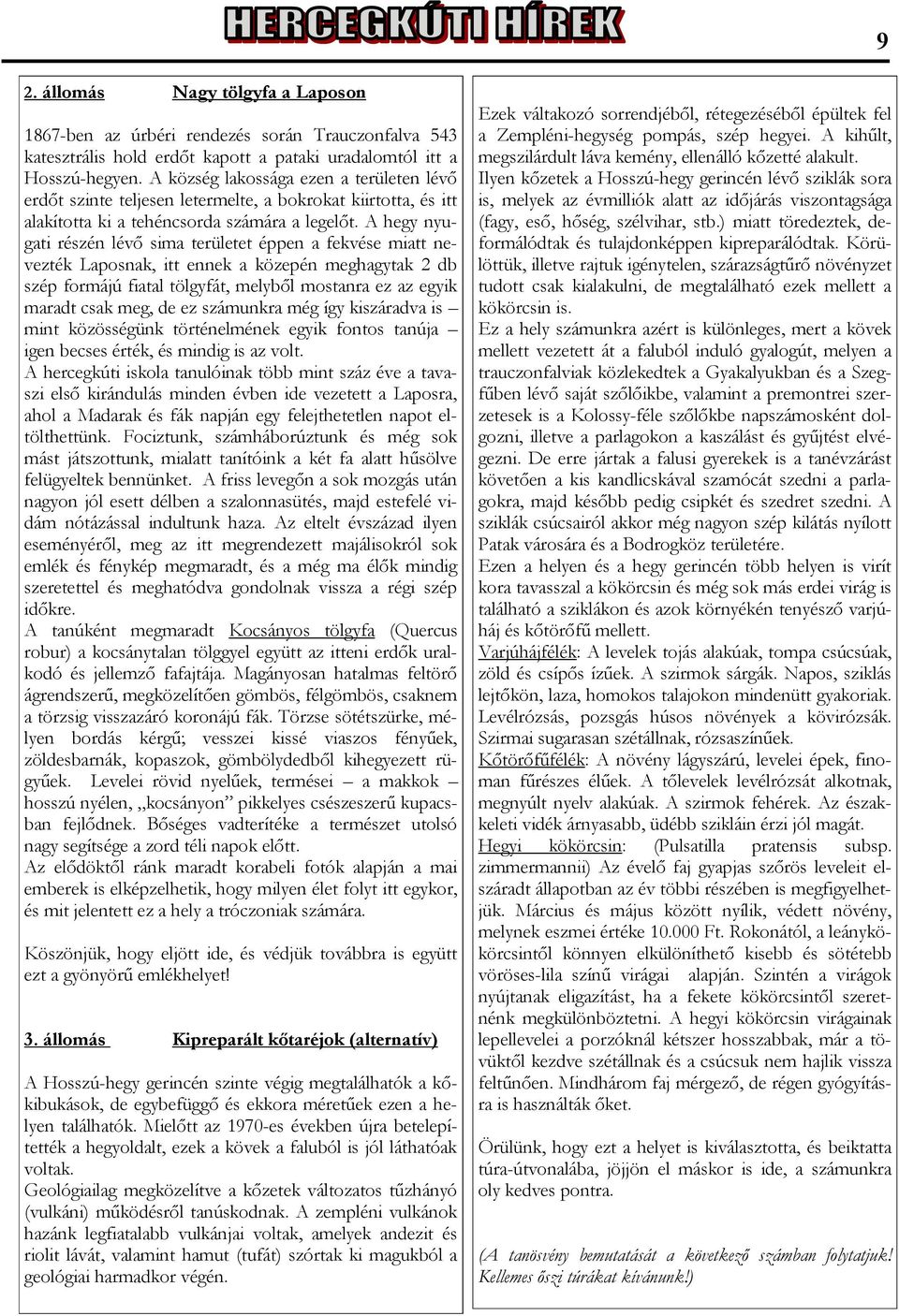 A hegy nyugati részén lévő sima területet éppen a fekvése miatt nevezték Laposnak, itt ennek a közepén meghagytak 2 db szép formájú fiatal tölgyfát, melyből mostanra ez az egyik maradt csak meg, de