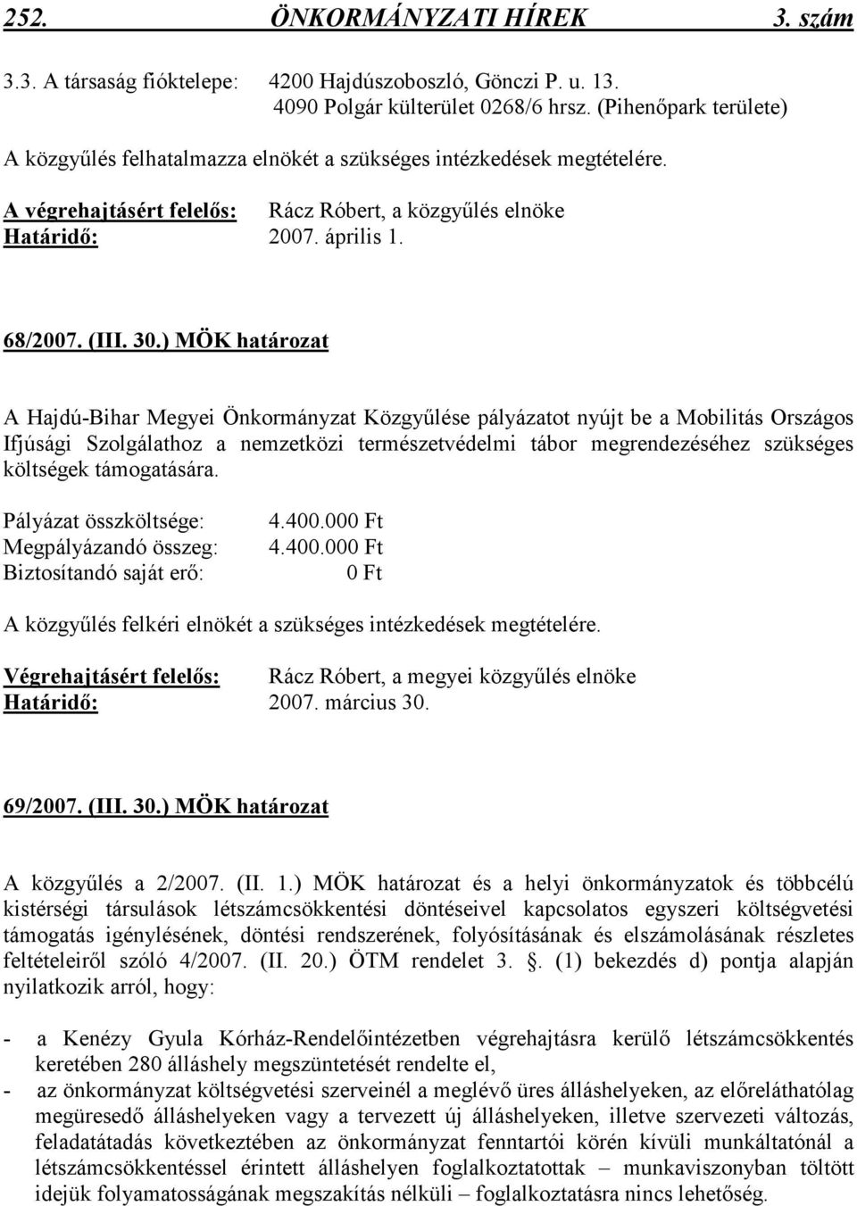 ) MÖK A Hajdú-Bihar Megyei Önkormányzat Közgyőlése pályázatot nyújt be a Mobilitás Országos Ifjúsági Szolgálathoz a nemzetközi természetvédelmi tábor megrendezéséhez szükséges költségek támogatására.