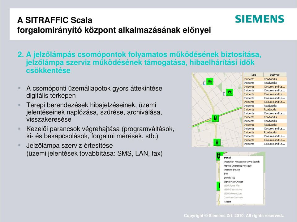 A csomóponti üzemállapotok gyors áttekintése digitális térképen Terepi berendezések hibajelzéseinek, üzemi jelentéseinek naplózása,