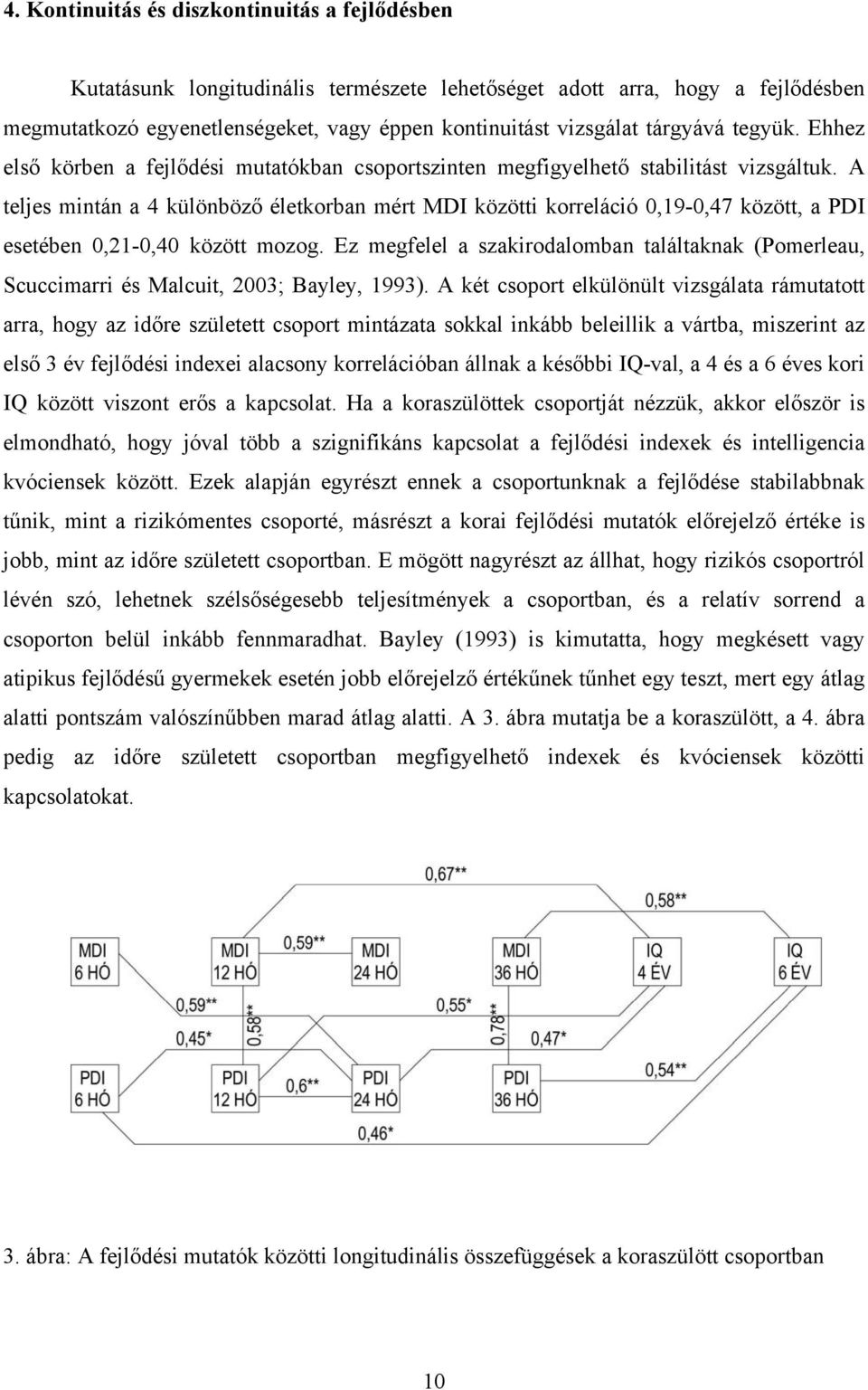 A teljes mintán a 4 különböző életkorban mért MDI közötti korreláció 0,19-0,47 között, a PDI esetében 0,21-0,40 között mozog.