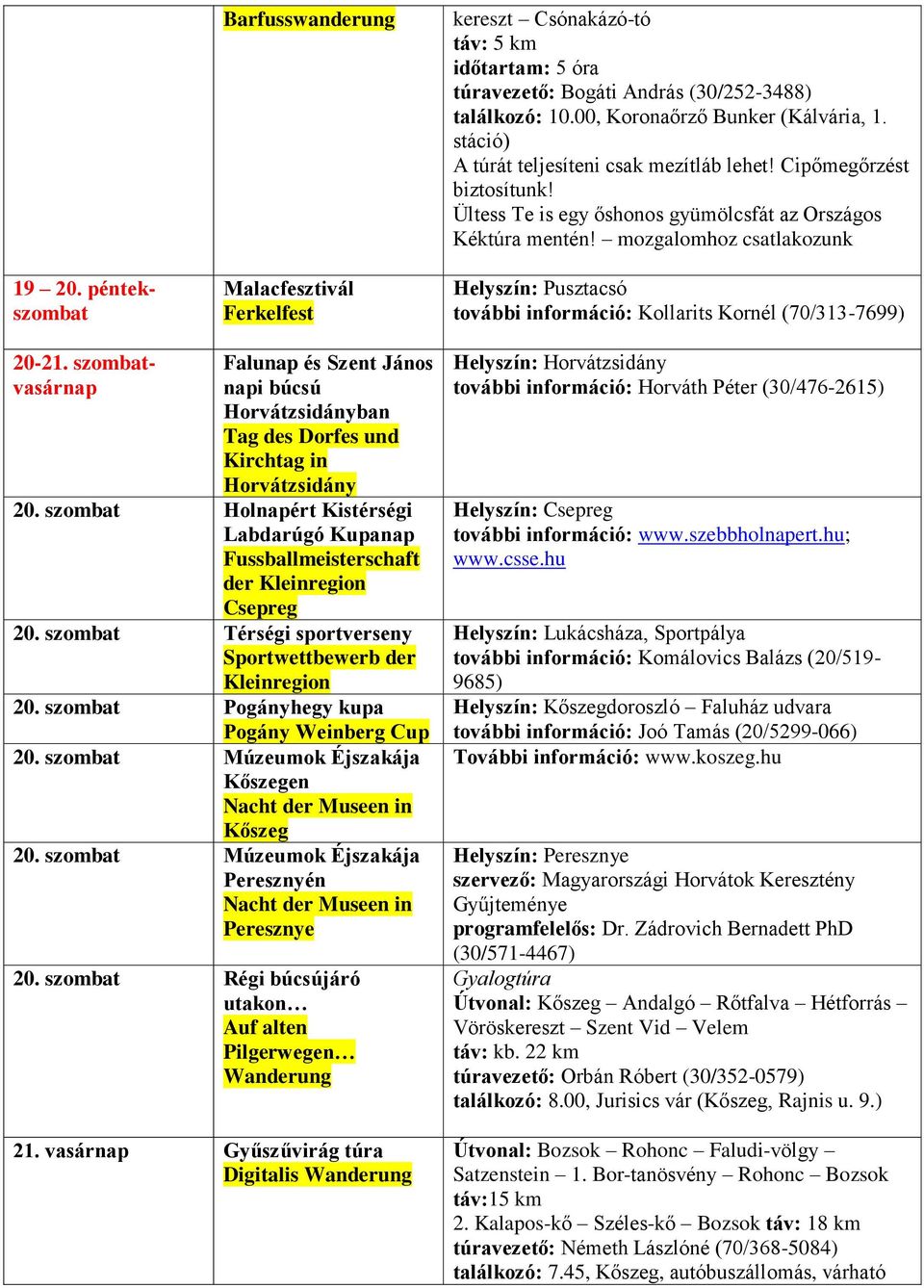 mozgalomhoz csatlakozunk Helyszín: Pusztacsó további információ: Kollarits Kornél (70/313-7699) 20-21.