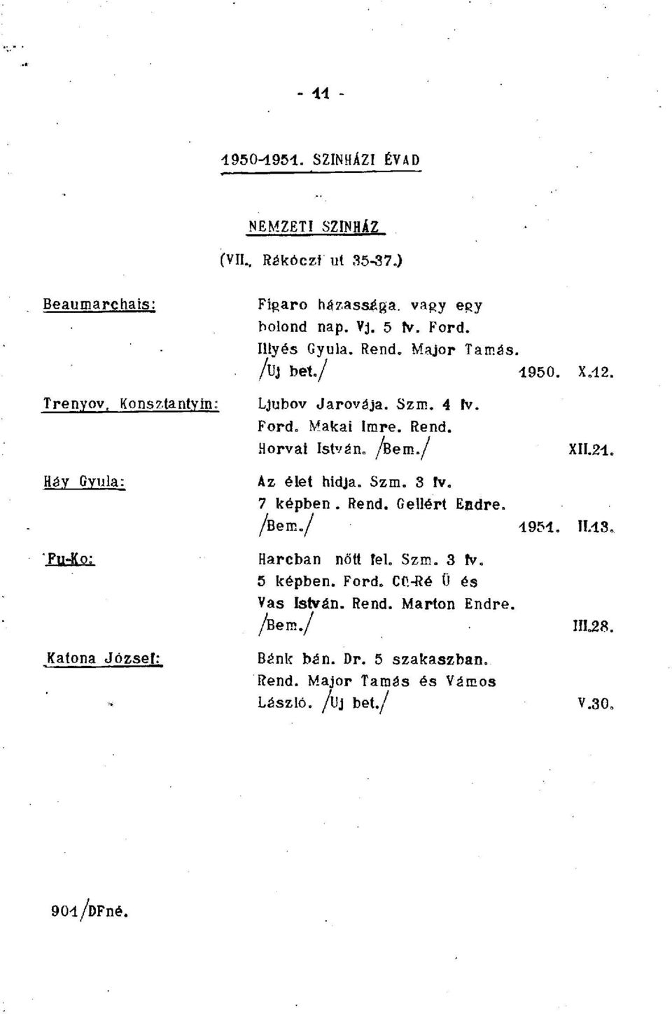 / XII.24. Hév Gyula: Az élet hidja. Szm. 3 Iv. 7 képben. Rend. Gellért Esdre. /Bem./ 4954. 11.43. Katona Józsel: Harcban nőtt fel. Szm. 3 fv.