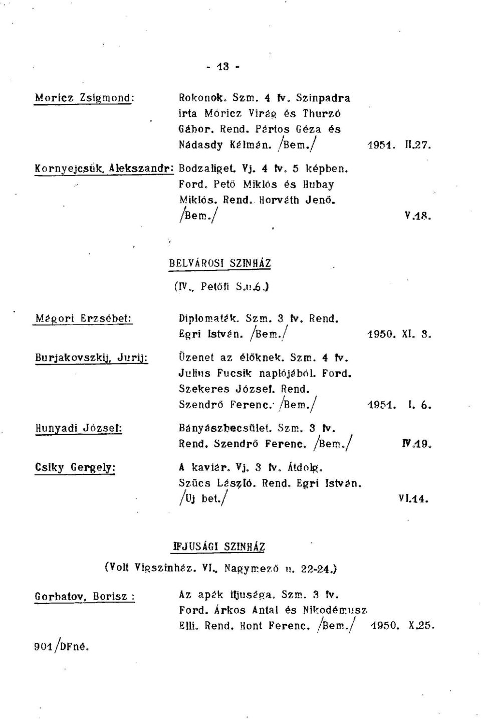 Burjakovszkij, Jurij: Üzenet az élőknek. Szm. 4 fv. Julius Fucsik naplójából. Ford. Szekeres József. Rend. Szendrö Ferenc /ßem./ 1951. I. 6. Hunyadi József: Bányászbecsület. Szm. 3 fv. Rend. Szendrő Ferenc, /ßem.