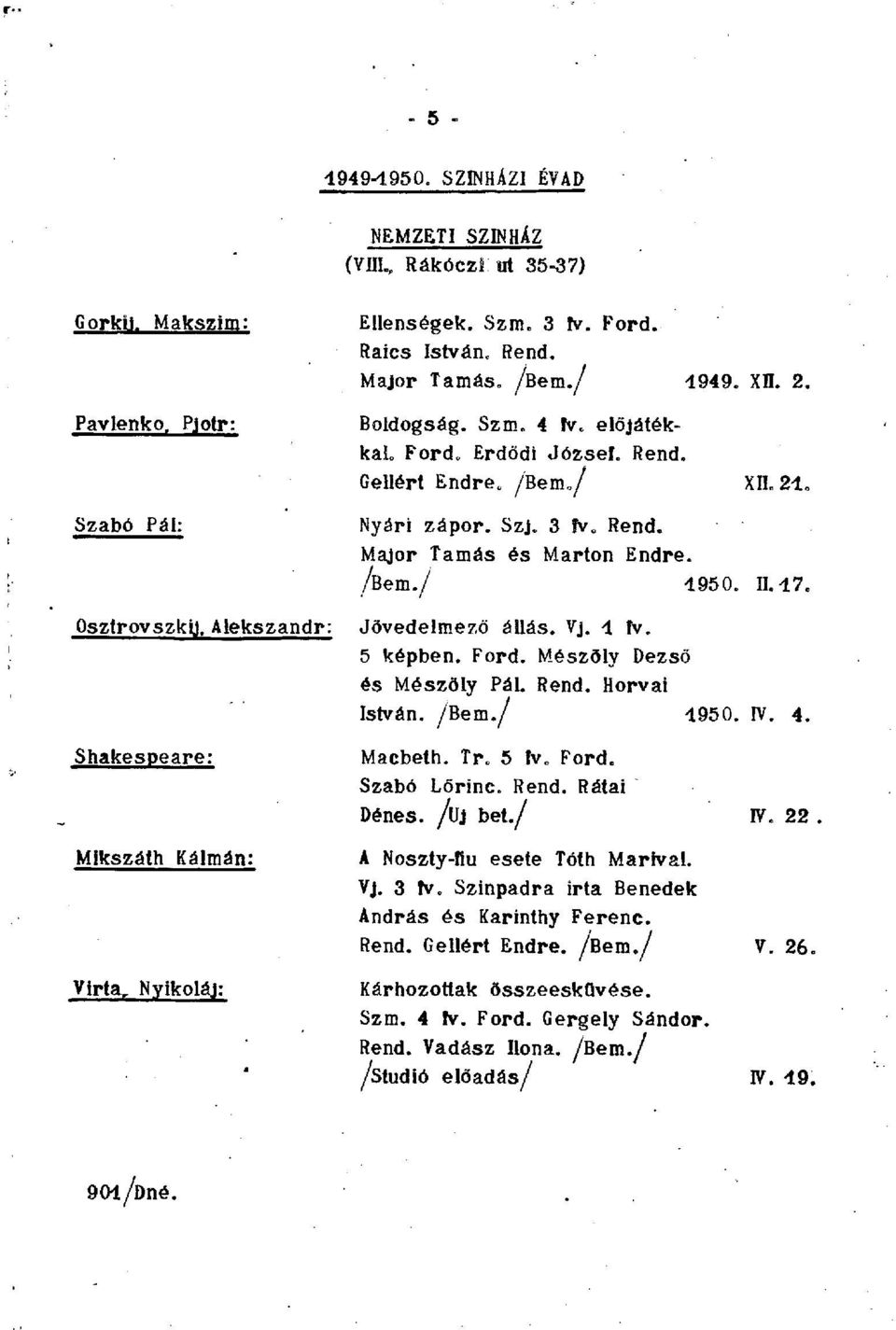 Szj. 3 fv. Rend. Major Tamás és Marton Endre. /Bem./ 1950. 11.17. Jövedelmező állás. Vj. 1 fv. 5 képben. Ford. Mészöly Dezső és Mészöly Pál. Rend. Horvai István. /Bem./ 1950. IV. 4. Macbeth. Tr. 5 ív.