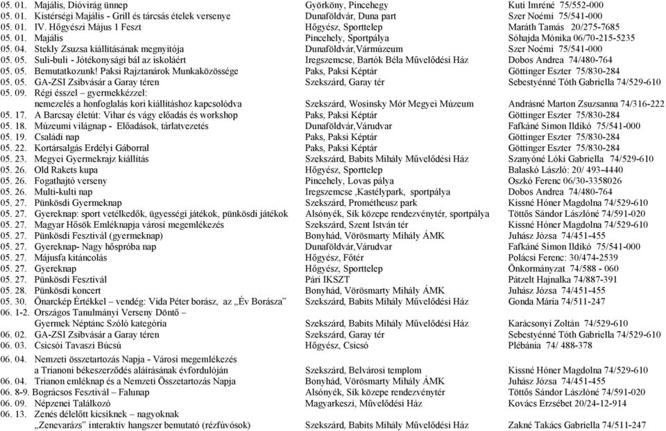 Stekly Zsuzsa kiállításának megnyitója Dunaföldvár,Vármúzeum Szer Noémi 75/541-000 05. 05. Suli-buli - Jótékonysági bál az iskoláért Iregszemcse, Bartók Béla Művelődési Ház Dobos Andrea 74/480-764 05.