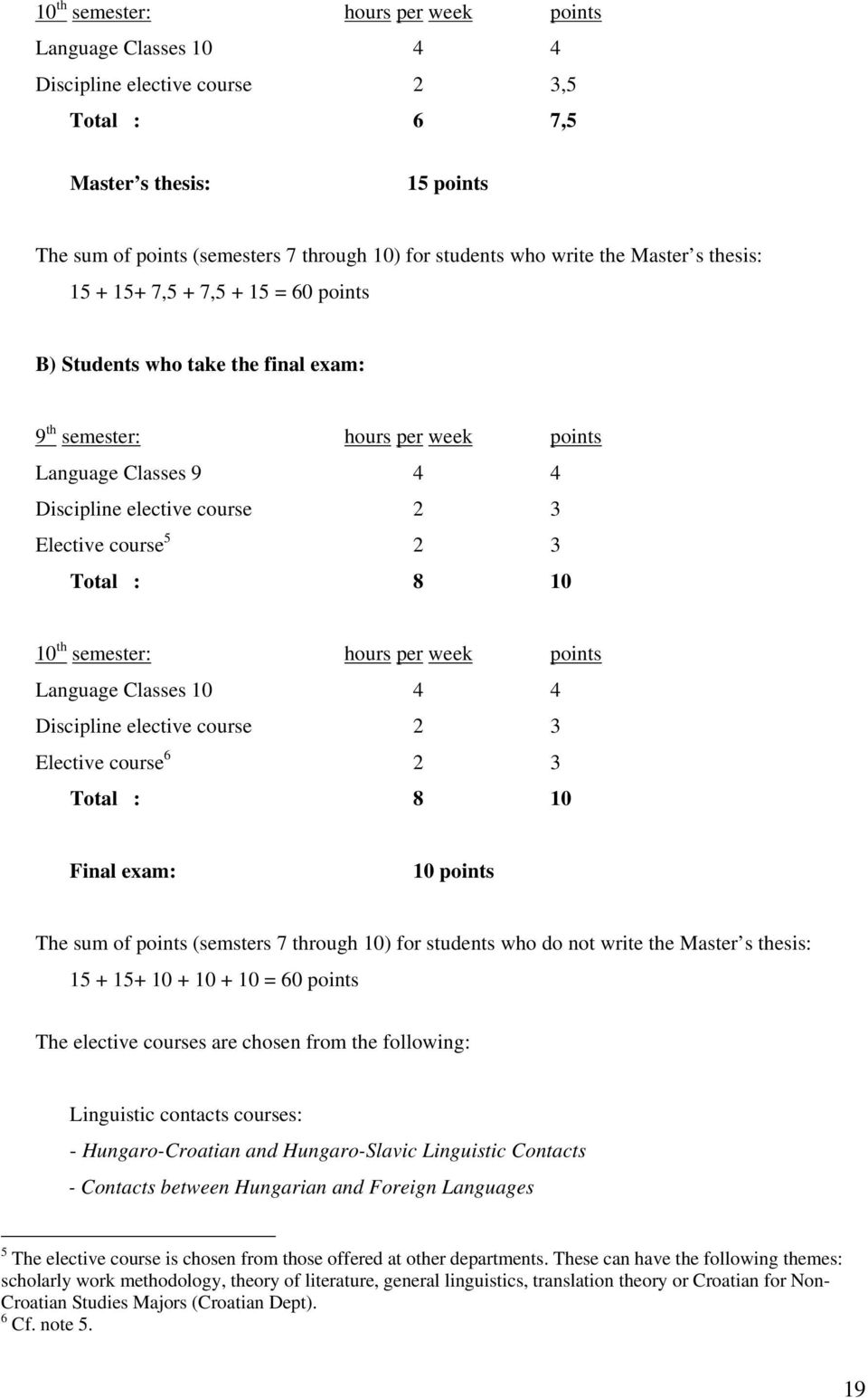 course 5 2 3 Total : 8 10 10 th semester: hours per week points Language Classes 10 4 4 Discipline elective course 2 3 Elective course 6 2 3 Total : 8 10 Final : 10 points The sum of points (semsters