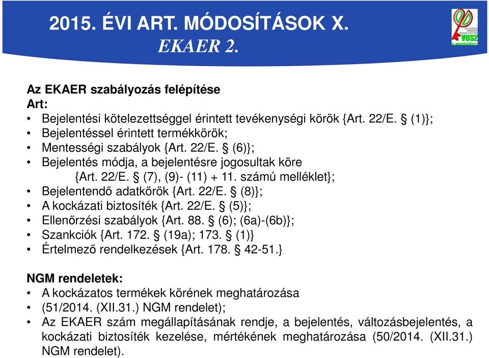 számú melléklet}; Bejelentendő adatkörök {Art. 22/E. (8)}; A kockázati biztosíték {Art. 22/E. (5)}; Ellenőrzési szabályok {Art. 88. (6); (6a)-(6b)}; Szankciók {Art. 172. (19a); 173.