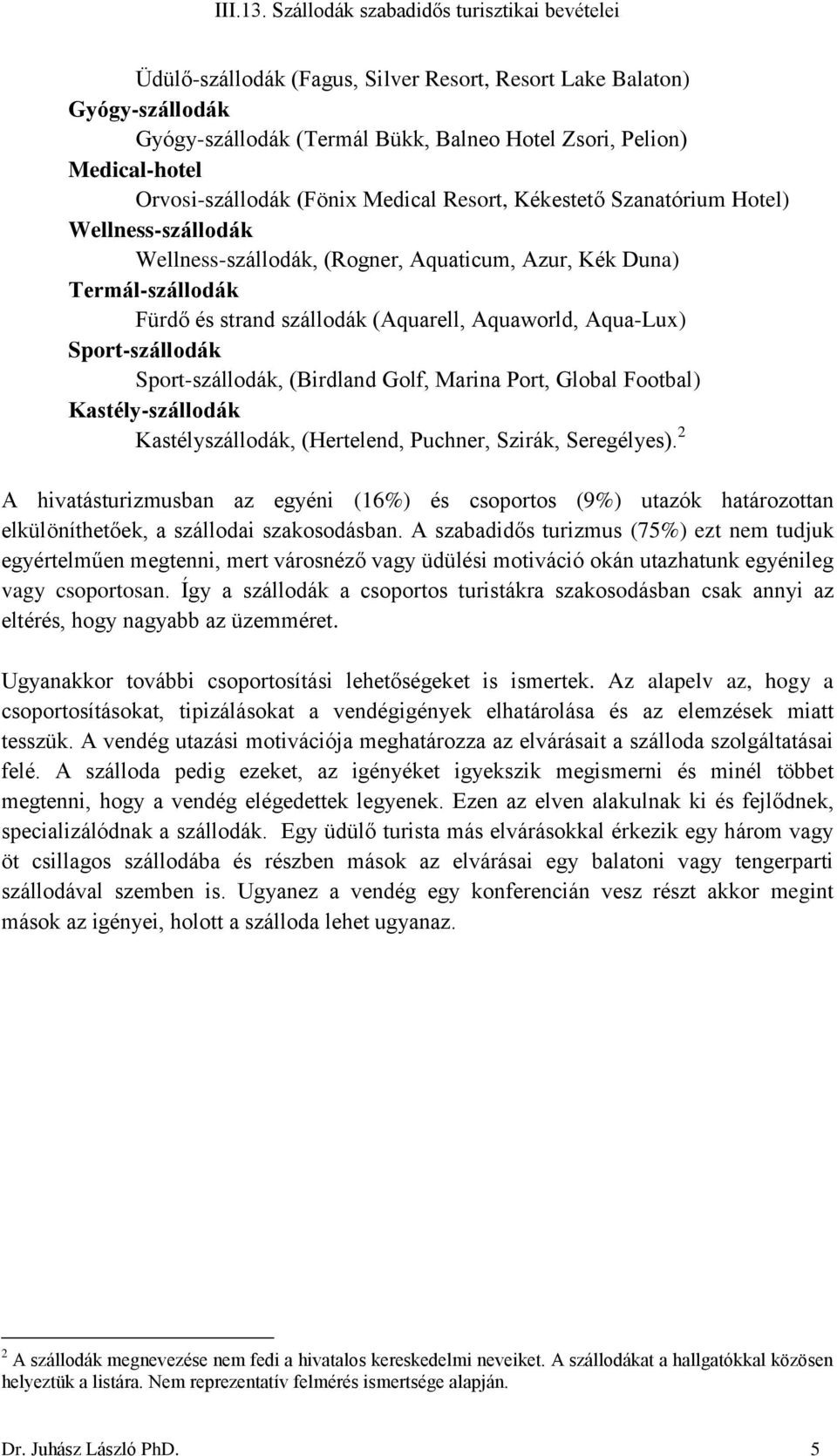 Sport-szállodák, (Birdland Golf, Marina Port, Global Footbal) Kastély-szállodák Kastélyszállodák, (Hertelend, Puchner, Szirák, Seregélyes).