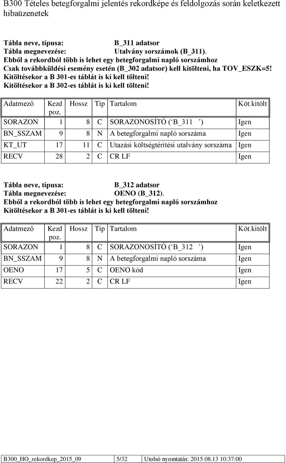 Kitöltésekor a B 302-es táblát is ki kell tölteni! Adatmező Kezd Hossz Tip Tartalom Köt.kitölt poz.