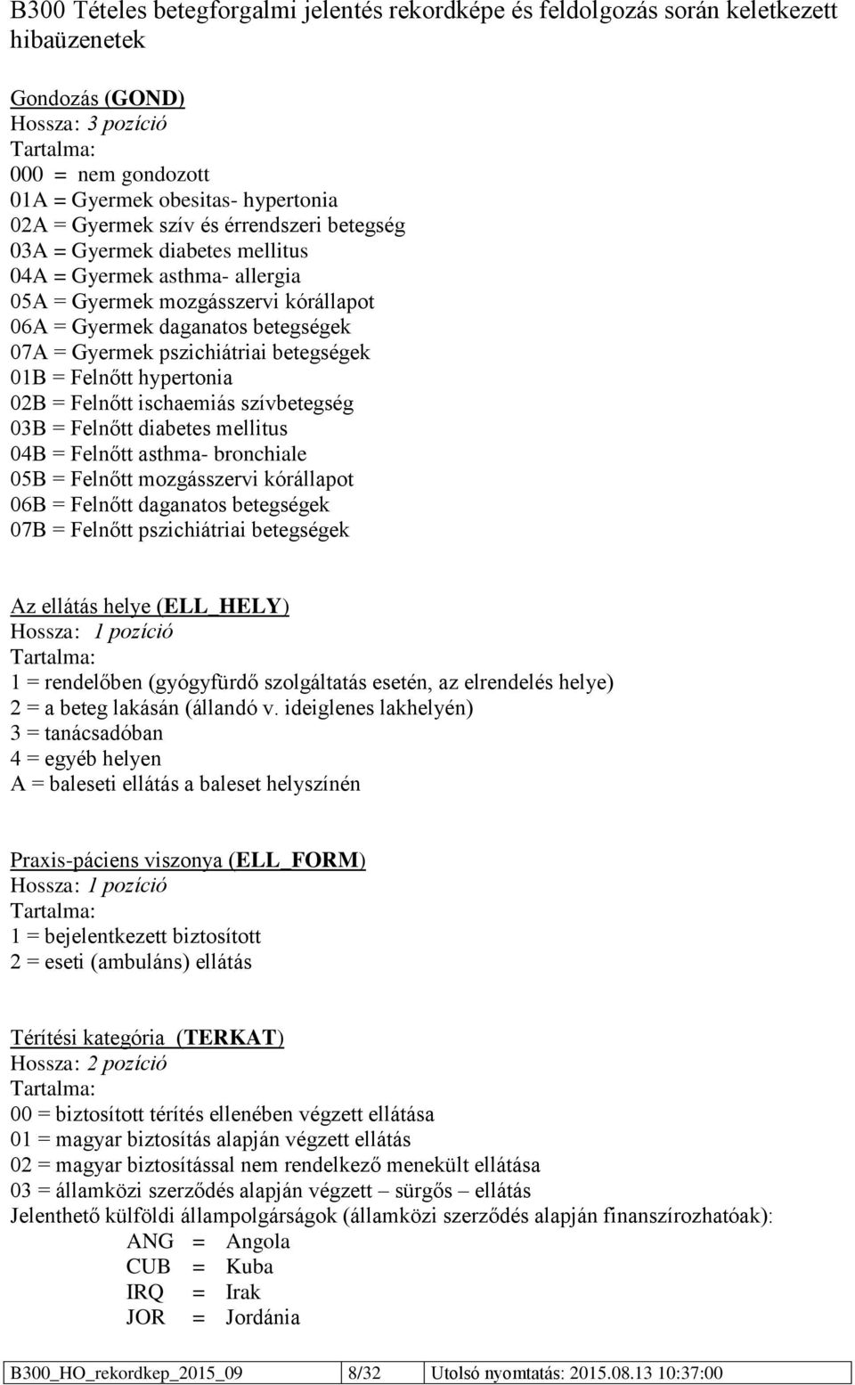 mellitus 04B = Felnőtt asthma- bronchiale 05B = Felnőtt mozgásszervi kórállapot 06B = Felnőtt daganatos betegségek 07B = Felnőtt pszichiátriai betegségek Az ellátás helye (ELL_HELY) Hossza: 1 pozíció