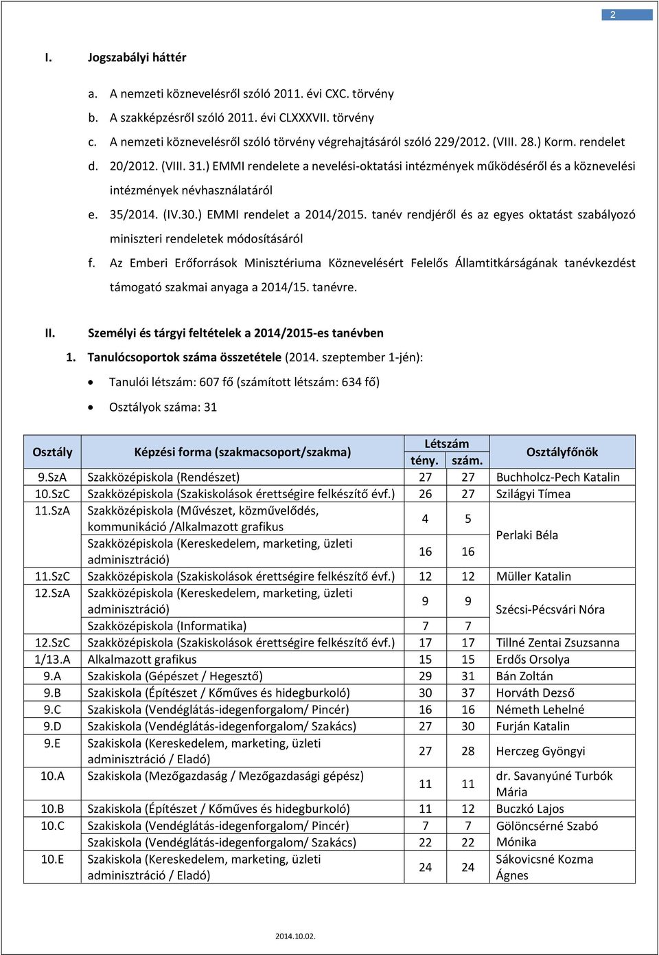 ) EMMI rendelete a nevelési oktatási intézmények működéséről és a köznevelési intézmények névhasználatáról e. 35/2014. (IV.30.) EMMI rendelet a 2014/2015.