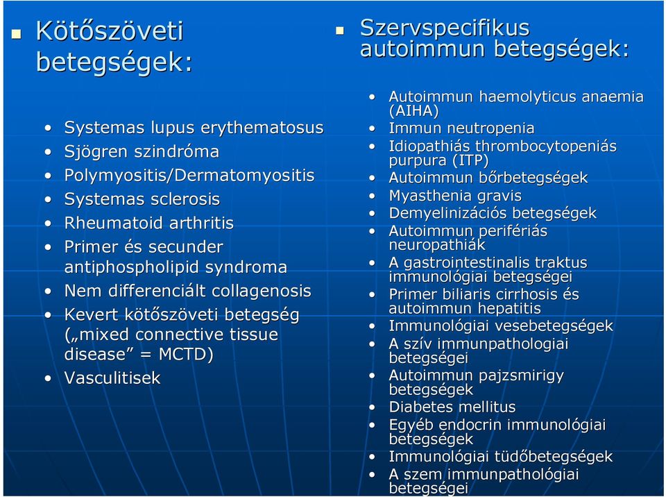 Immun neutropenia Idiopathiás thrombocytopeniás purpura (ITP) Autoimmun bırbetegségekgek Myasthenia gravis Demyelinizáci ciós betegségek gek Autoimmun periféri riás neuropathiák A gastrointestinalis