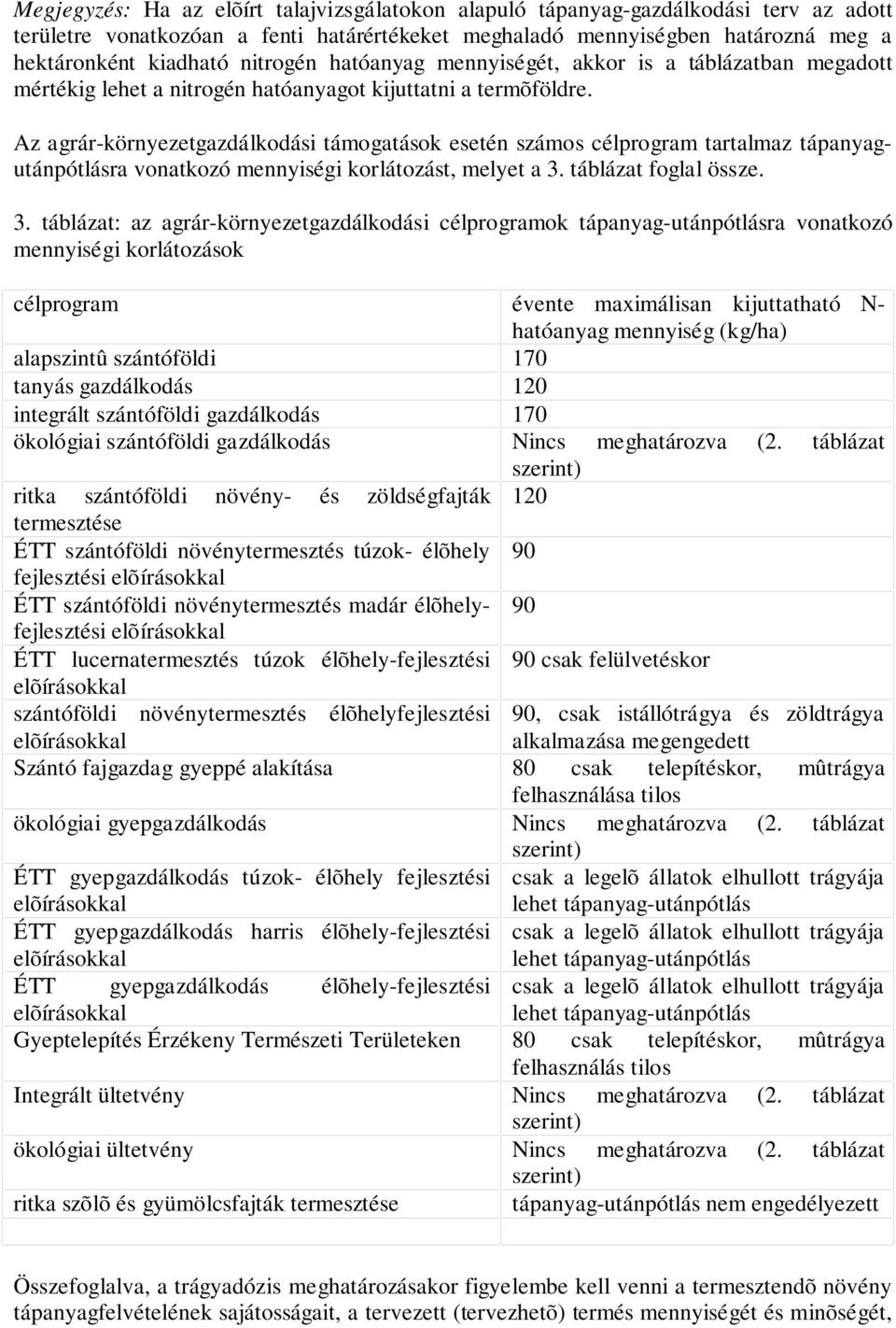 Az agrár-környezetgazdálkodási támogatások esetén számos célprogram tartalmaz tápanyagutánpótlásra vonatkozó mennyiségi korlátozást, melyet a 3.