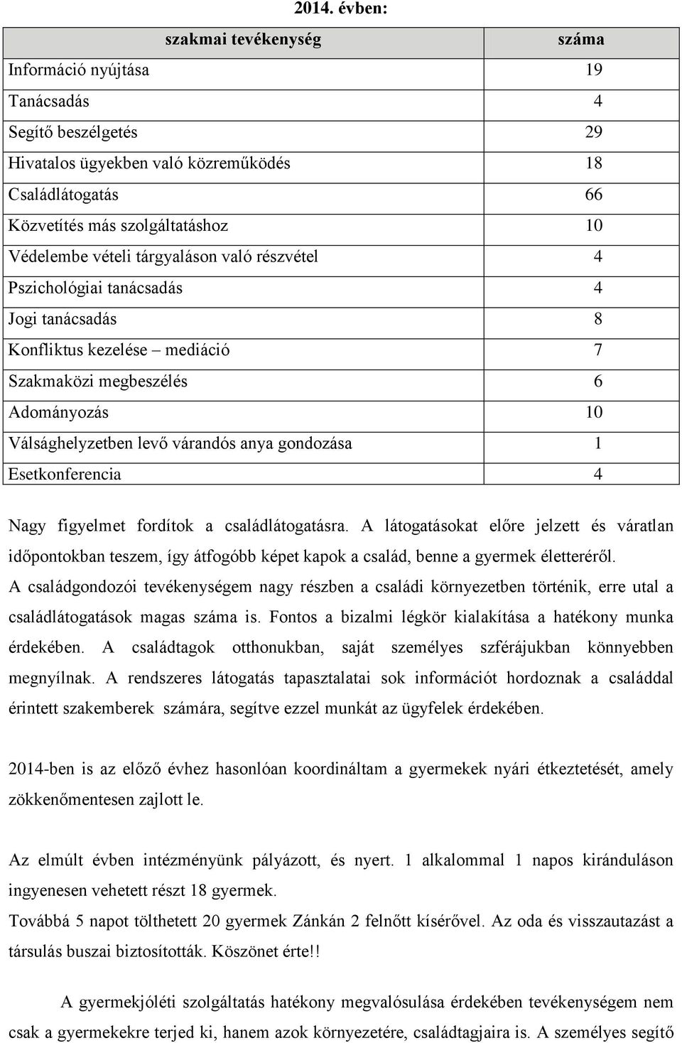 Esetkonferencia 4 Nagy figyelmet fordítok a családlátogatásra. A látogatásokat előre jelzett és váratlan időpontokban teszem, így átfogóbb képet kapok a család, benne a gyermek életteréről.