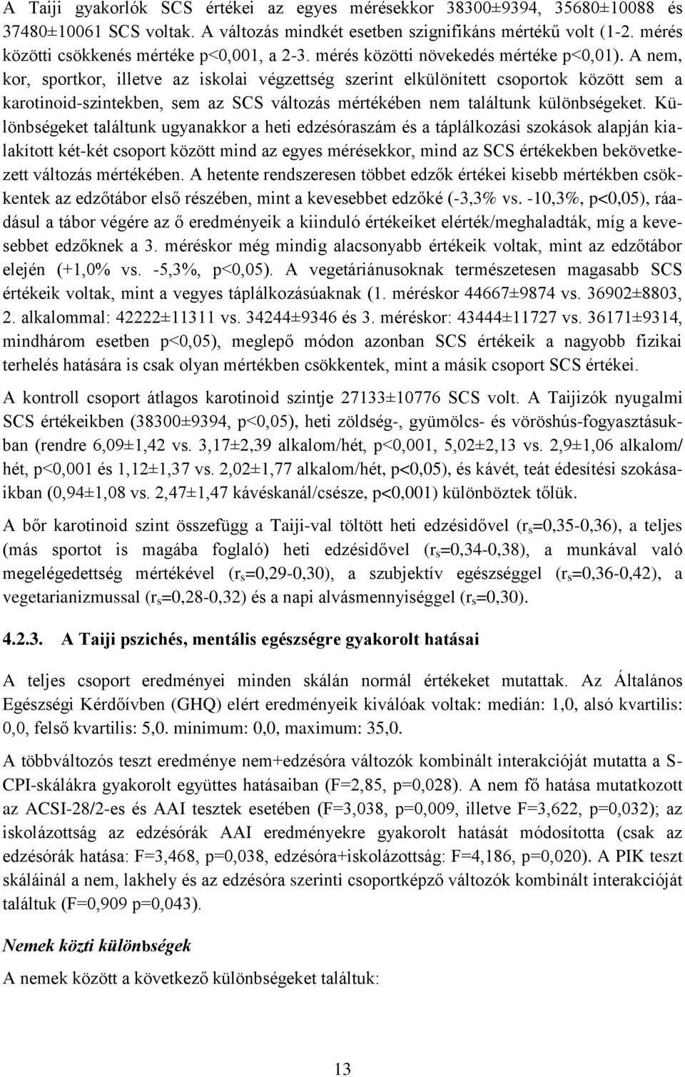 A nem, kor, sportkor, illetve az iskolai végzettség szerint elkülönített csoportok között sem a karotinoid-szintekben, sem az SCS változás mértékében nem találtunk különbségeket.