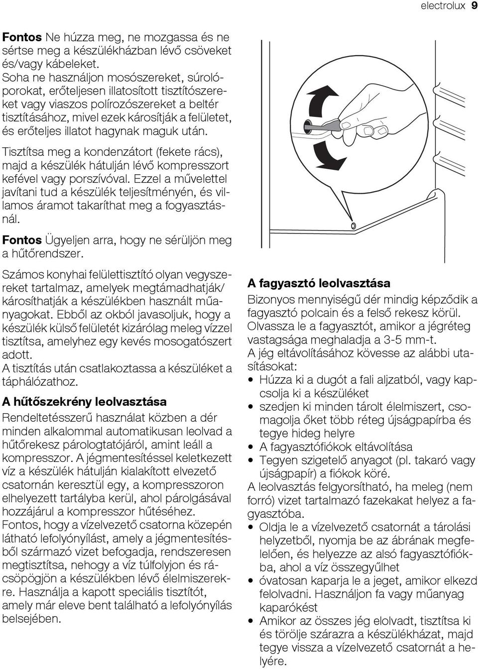 hagynak maguk után. Tisztítsa meg a kondenzátort (fekete rács), majd a készülék hátulján lévő kompresszort kefével vagy porszívóval.