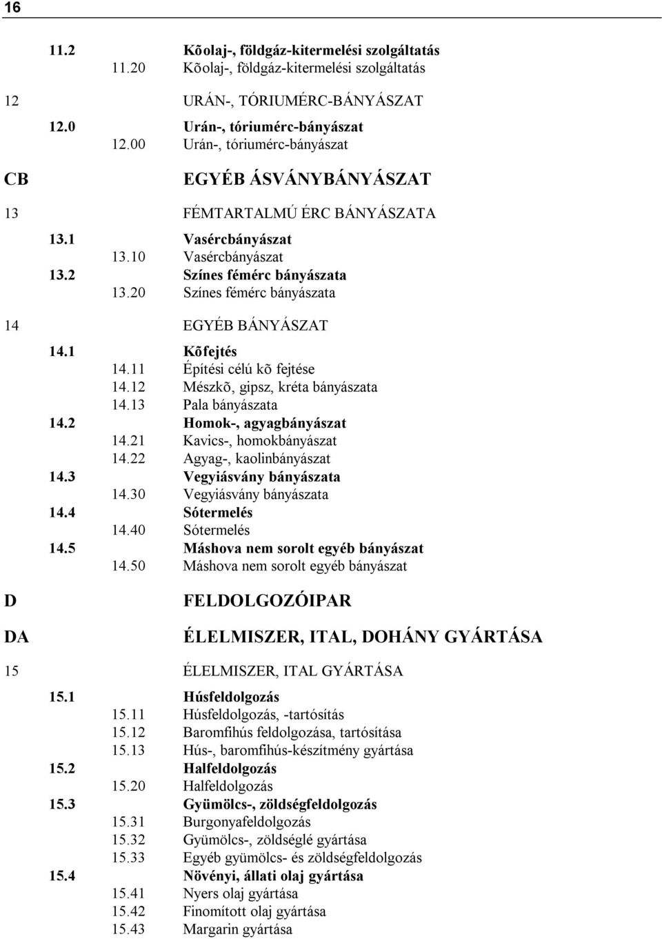 20 Színes fémérc bányászata 14 EGYÉB BÁNYÁSZAT 14.1 Kõfejtés 14.11 Építési célú kõ fejtése 14.12 Mészkõ, gipsz, kréta bányászata 14.13 Pala bányászata 14.2 Homok-, agyagbányászat 14.