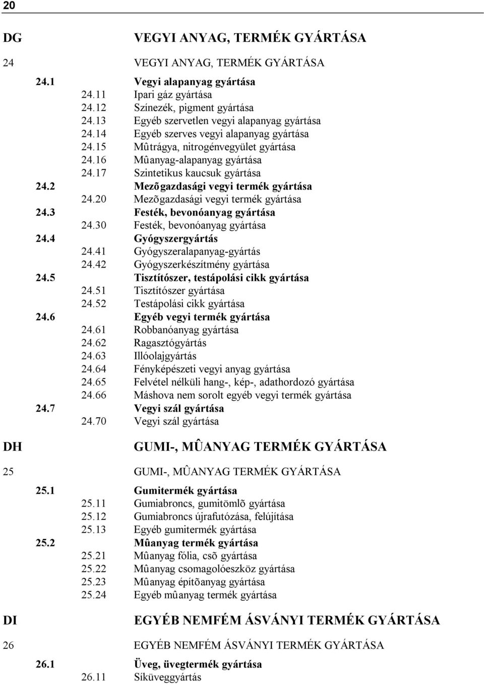 17 Szintetikus kaucsuk gyártása 24.2 Mezõgazdasági vegyi termék gyártása 24.20 Mezõgazdasági vegyi termék gyártása 24.3 Festék, bevonóanyag gyártása 24.30 Festék, bevonóanyag gyártása 24.