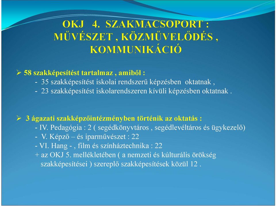 Pedagógia : 2 ( segédkönyvtáros, segédlevéltáros és ügykezelő) -V. Képző és iparművészet : 22 - VI.