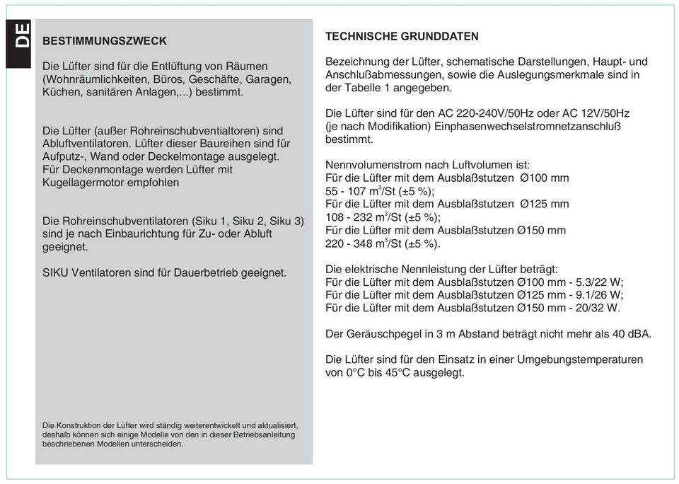 Für Deckenmontage werden Lüfter mit Kugellagermotor empfohlen Die Rohreinschubventilatoren (Siku 1, Siku, Siku ) sind je nach Einbaurichtung für Zu- oder Abluft geeignet.