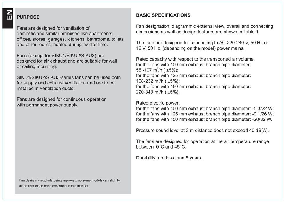 SIKU1/SIKU/SIKU-series fans can be used both for supply and exhaust ventilation and are to be installed in ventilation ducts. Fans are designed for continuous operation with permanent power supply.