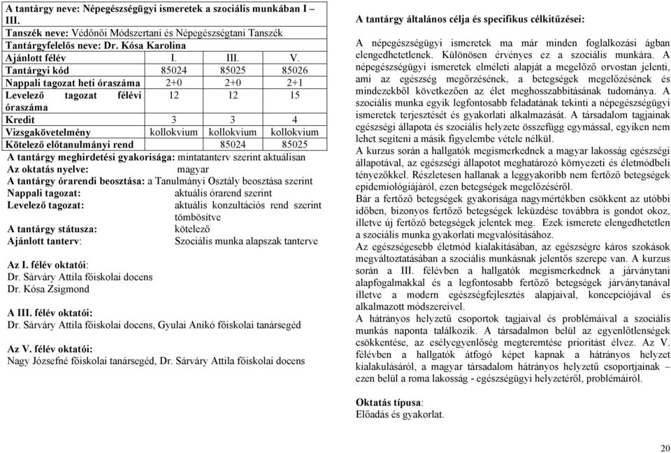 Tantárgyi kód 85024 85025 85026 Nappali tagozat heti óraszáma 2+0 2+0 2+1 Levelező tagozat félévi 12 12 15 óraszáma Kredit 3 3 4 Vizsgakövetelmény kollokvium kollokvium kollokvium Kötelező