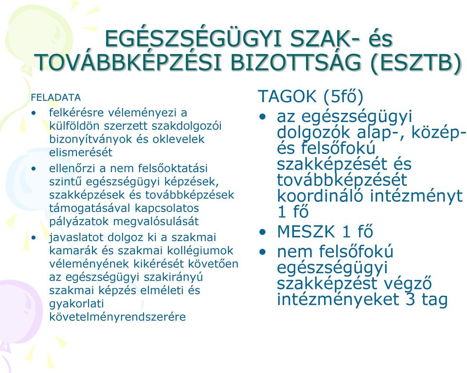 kamarák és szakmai kollégiumok véleményének kikérését követően az egészségügyi szakirányú szakmai képzés elméleti és gyakorlati követelményrendszerére TAGOK (5fő) az