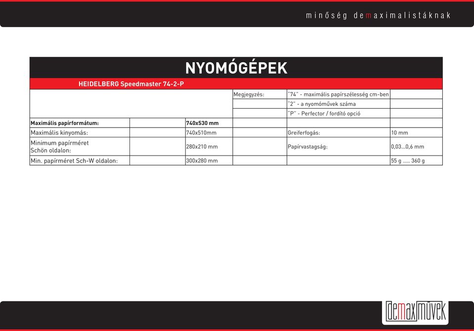740x530 mm Maximális kinyomás: 740x510mm Greiferfogás: 10 mm Minimum papírméret Schön