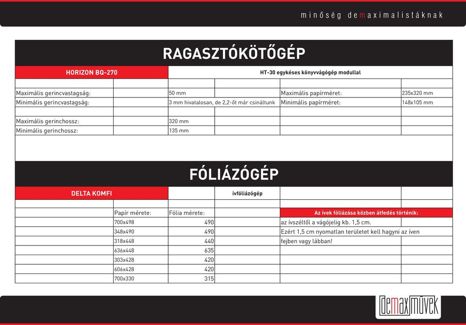 mm FÓLIÁZÓGÉP DELTA KOMFI ívfóliázógép Papír mérete: Fólia mérete: Az ívek fóliázása közben átfedés történik: 700x498 490 az ívszéltől a vágójelig kb.