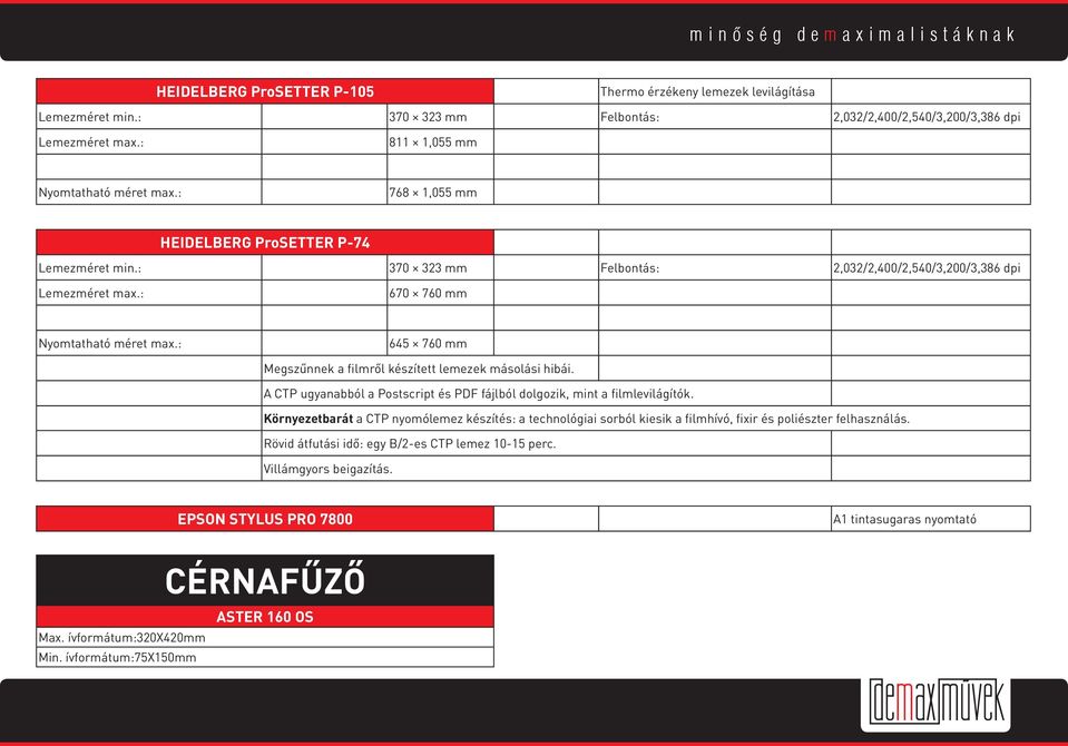 : 645 760 mm Megszűnnek a filmről készített lemezek másolási hibái. A CTP ugyanabból a Postscript és PDF fájlból dolgozik, mint a filmlevilágítók.