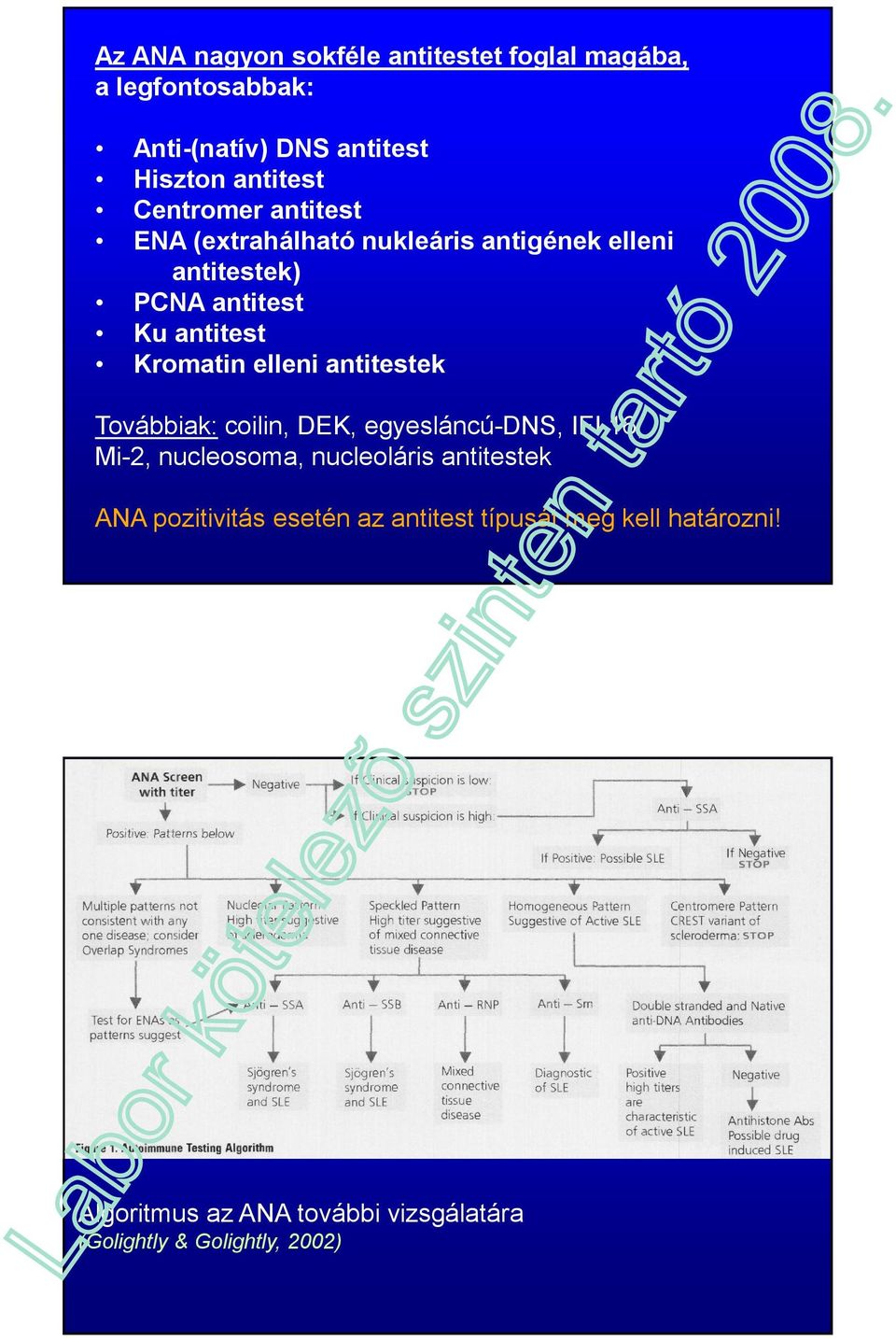 elleni antitestek Továbbiak: coilin, DEK, egyesláncú-dns, IFI 16, Mi-2, nucleosoma, nucleoláris antitestek ANA