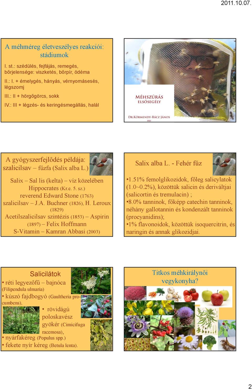 A. Buchner (1826), H. Leroux (1829) Acetilszalicilsav szintézis (1853) Aspirin (1897) Felix Hoffmann S-Vitamin Kamran Abbasi (2003) Salix alba L. - Fehér fűz 1.