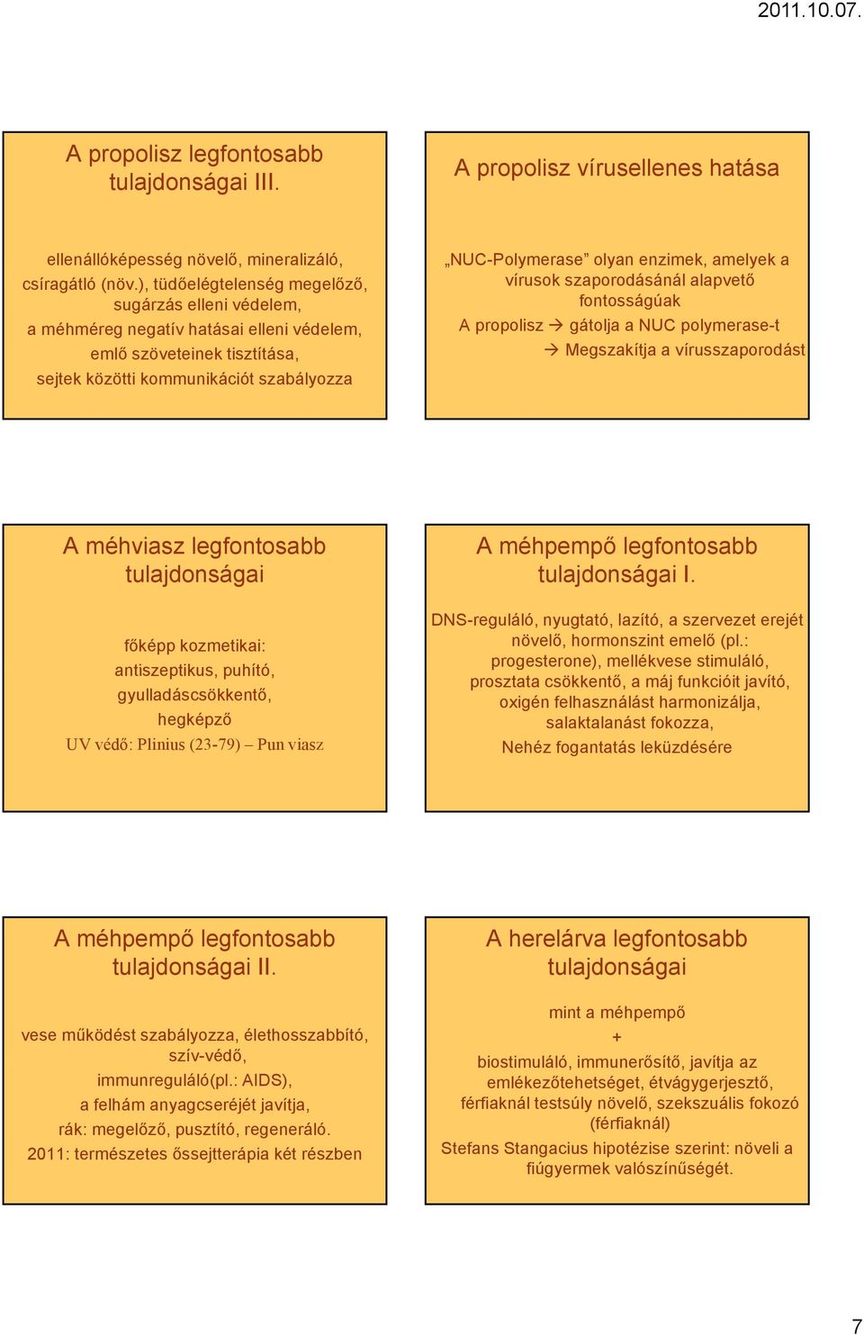 amelyek a vírusok szaporodásánál á ál alapvető fontosságúak A propolisz gátolja a NUC polymerase-t Megszakítja a vírusszaporodást A méhviasz legfontosabb főképp kozmetikai: antiszeptikus, puhító,
