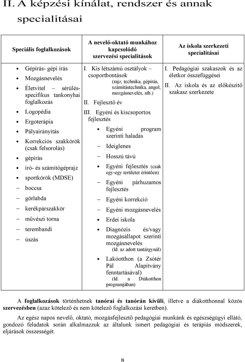 specialitások I. Kis létszámú osztályok csoportbontások (rajz, technika, gépírás, számítástechnika, angol, mozgásnevelés, stb.) II. Fejlesztő év III.