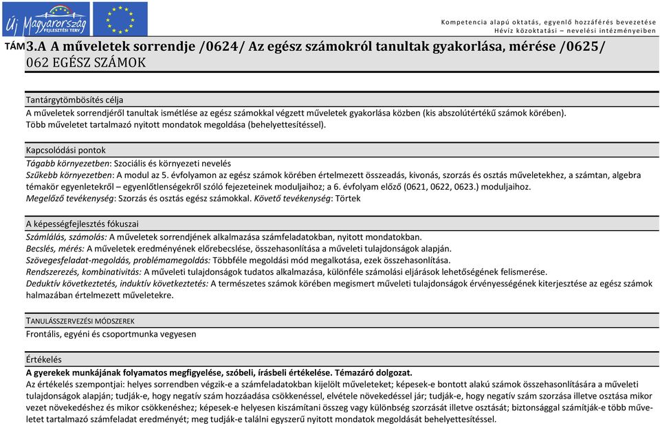 műveletek gyakorlása közben (kis abszolútértékű számok körében). Több műveletet tartalmazó nyitott mondatok megoldása (behelyettesítéssel).