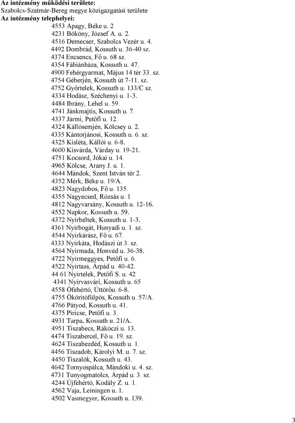 4334 Hodász, Széchenyi u. 1-3. 4484 Ibrány, Lehel u. 59. 4741 Jánkmajtis, Kossuth u. 7. 4337 Jármi, Petőfi u. 12. 4324 Kállósemjén, Kölcsey u. 2. 4335 Kántorjánosi, Kossuth u. 6. sz.