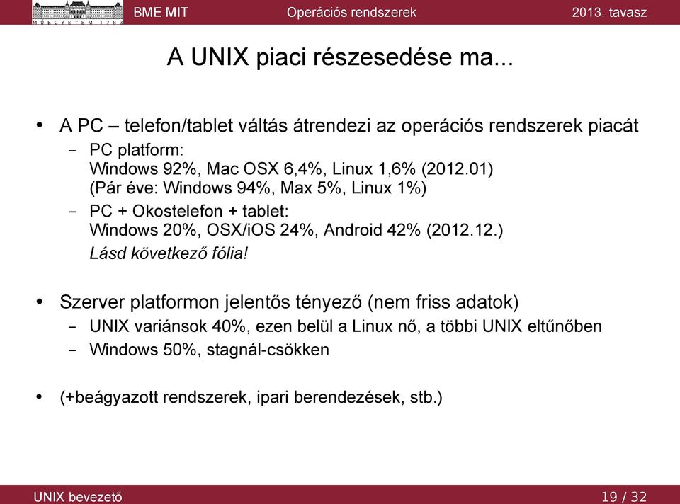 01) (Pár éve: Windows 94%, Max 5%, Linux 1%) PC + Okostelefon + tablet: Windows 20%, OSX/iOS 24%, Android 42% (2012.