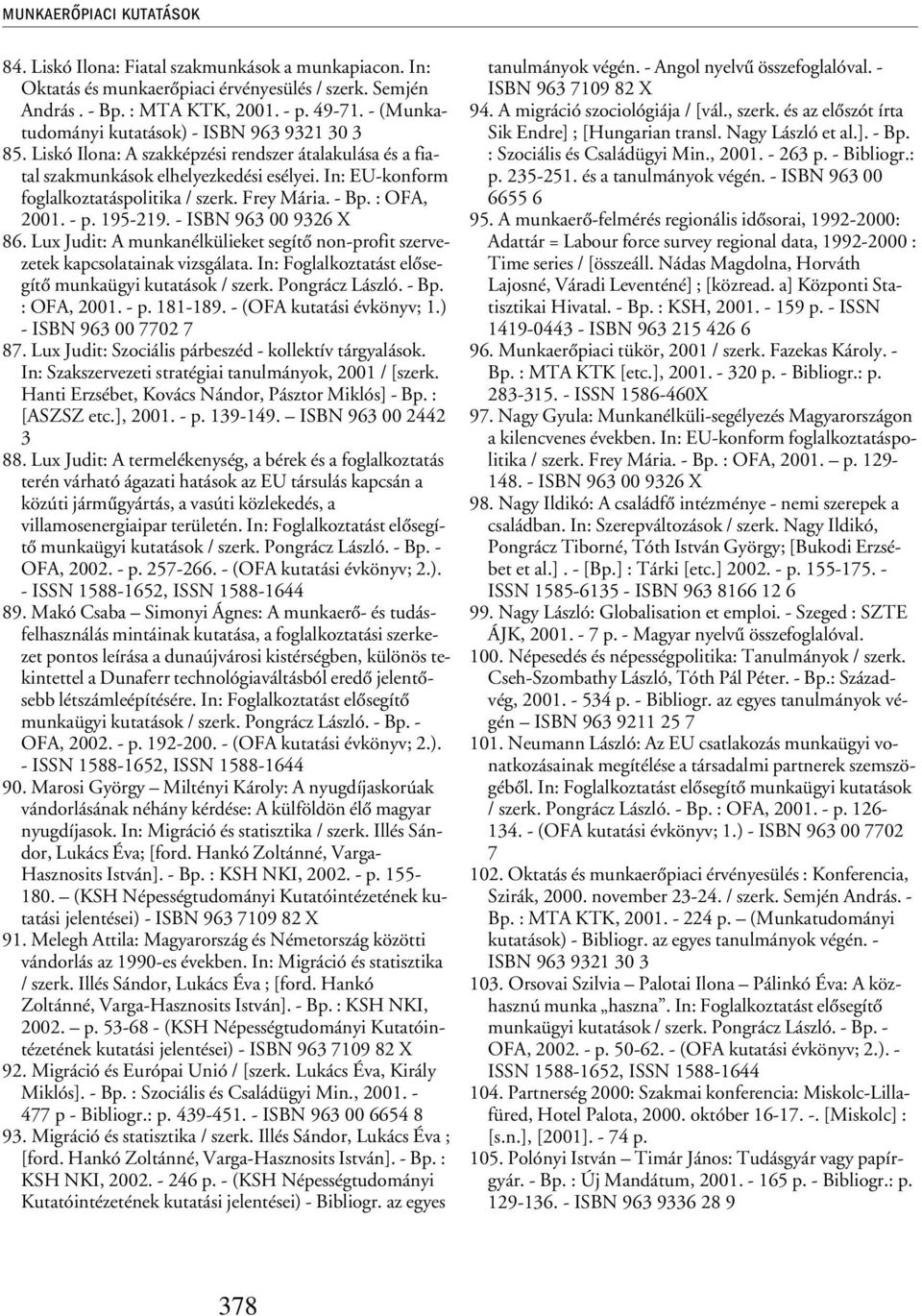 Frey Mária. - Bp. : OFA, 2001. - p. 195-219. - ISBN 963 00 9326 X 86. Lux Judit: A munkanélkülieket segítõ non-profit szervezetek kapcsolatainak vizsgálata.