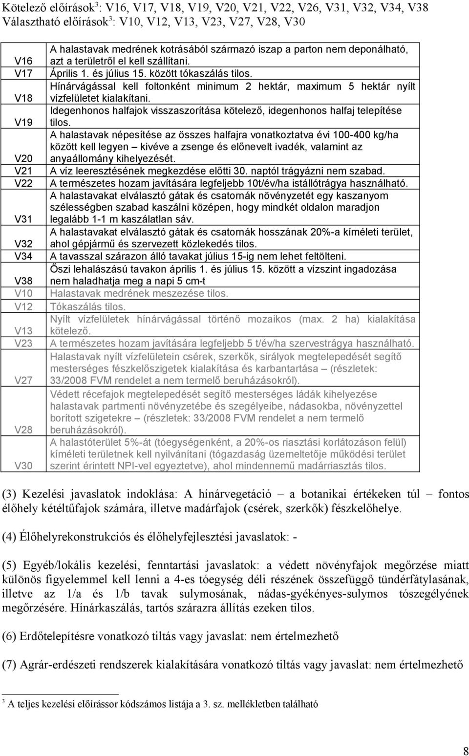 Hínárvágással kell foltonként minimum 2 hektár, maximum 5 hektár nyílt vízfelületet kialakítani. Idegenhonos halfajok visszaszorítása kötelező, idegenhonos halfaj telepítése tilos.