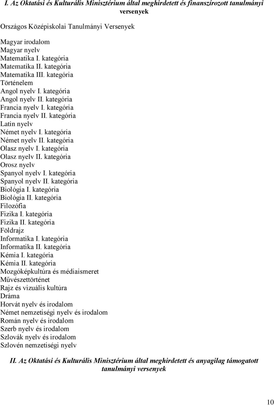 kategória Latin nyelv Német nyelv I. kategória Német nyelv II. kategória Olasz nyelv I. kategória Olasz nyelv II. kategória Orosz nyelv Spanyol nyelv I. kategória Spanyol nyelv II.