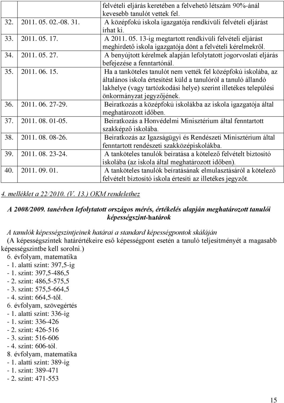 A benyújtott kérelmek alapján lefolytatott jogorvoslati eljárás befejezése a fenntartónál. 35. 2011. 06. 15.