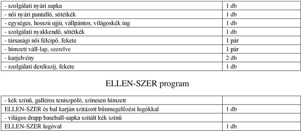 2 db - szolgálati derékszíj, fekete 1 db ELLEN-SZER program - kék színű, galléros teniszpóló, színesen hímzett ELLEN-SZER