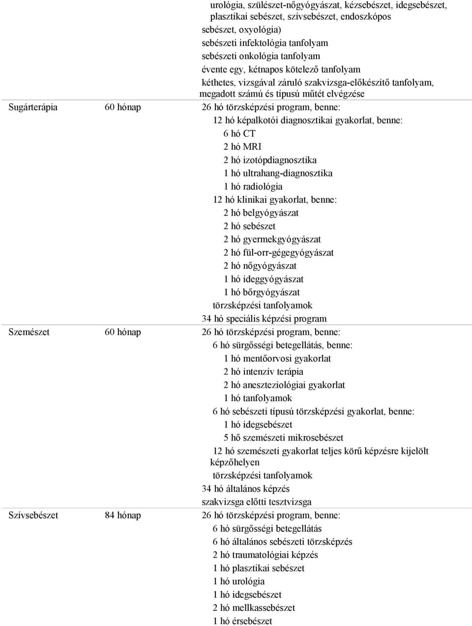 képalkotói diagnosztikai, benne: 6 hó CT 2 hó MRI 2 hó izotópdiagnosztika 1 hó ultrahang-diagnosztika 1 hó radiológia 12 hó klinikai, benne: 2 hó belgyógyászat 2 hó sebészet 2 hó gyermekgyógyászat 2