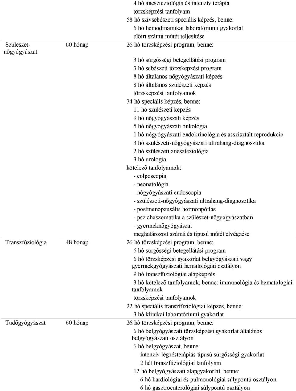 képzés, benne: 11 hó szülészeti képzés 9 hó nőgyógyászati képzés 5 hó nőgyógyászati onkológia 1 hó nőgyógyászati endokrinológia és asszisztált reprodukció 3 hó szülészeti-nőgyógyászati