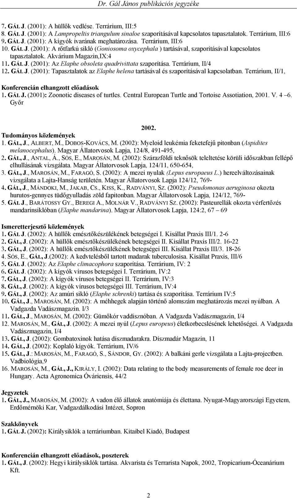 Terrárium, II/4 12. GÁL J. (2001): Tapasztalatok az Elaphe helena tartásával és szaporításával kapcsolatban. Terrárium, II/1, Konferencián elhangzott előadások 1. GÁL J. (2001): Zoonotic diseases of turtles.