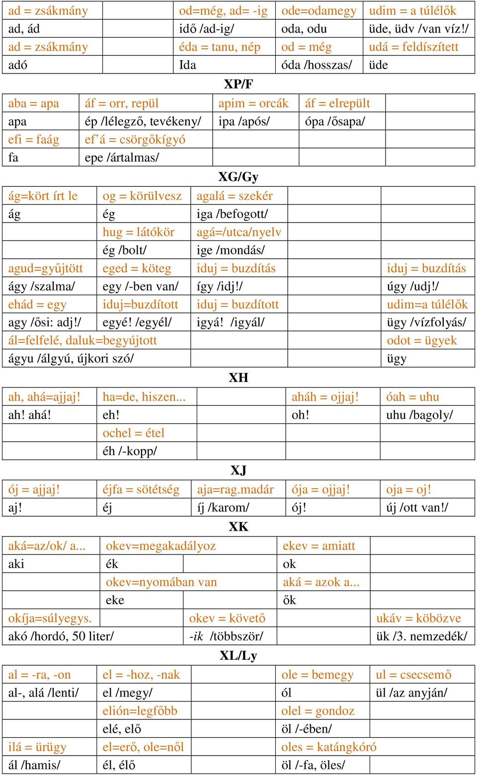 faág ef á = csörgőkígyó fa epe /ártalmas/ XG/Gy ág=kört írt le og = körülvesz agalá = szekér ág ég iga /befogott/ hug = látókör agá=/utca/nyelv ég /bolt/ ige /mondás/ agud=gyűjtött eged = köteg iduj