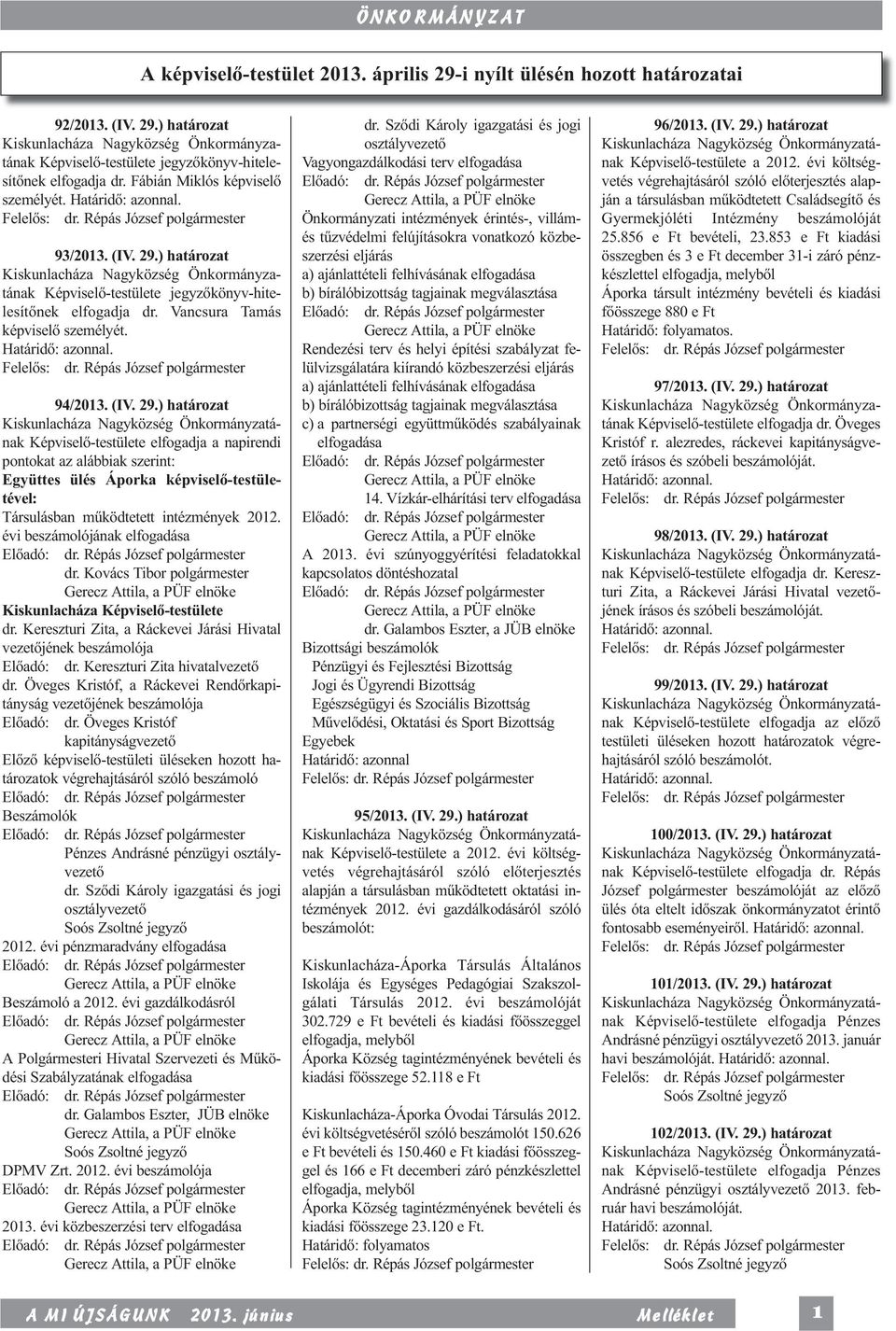 ) határozat Képviselő-testülete jegyzőkönyv-hitelesítőnek elfogadja dr. Vancsura Tamás képviselő személyét. 94/2013. (IV. 29.