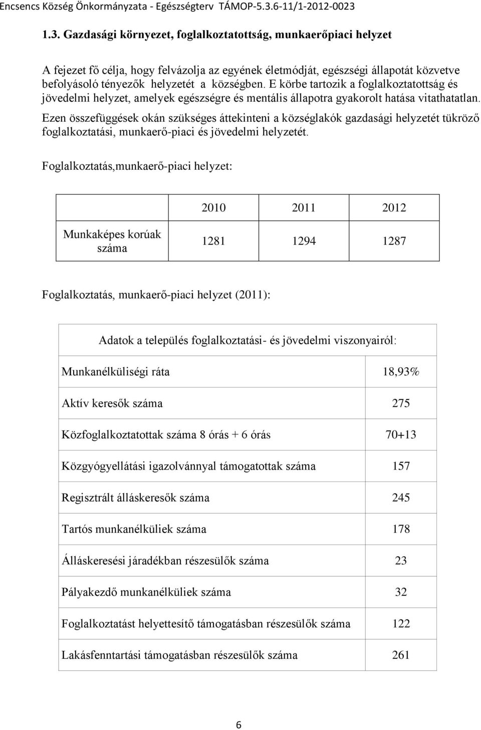 Ezen összefüggések kán szükséges áttekinteni a községlakók gazdasági helyzetét tükröző fglalkztatási, munkaerő-piaci és jövedelmi helyzetét.