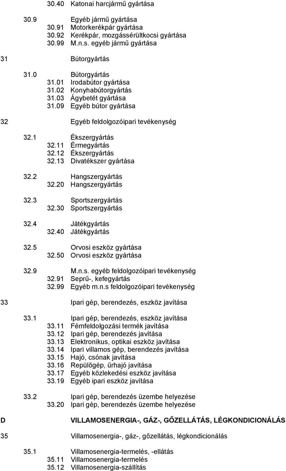 12 Ékszergyártás 32.13 Divatékszer gyártása 32.2 Hangszergyártás 32.20 Hangszergyártás 32.3 Sportszergyártás 32.30 Sportszergyártás 32.4 Játékgyártás 32.40 Játékgyártás 32.5 Orvosi eszköz gyártása 32.