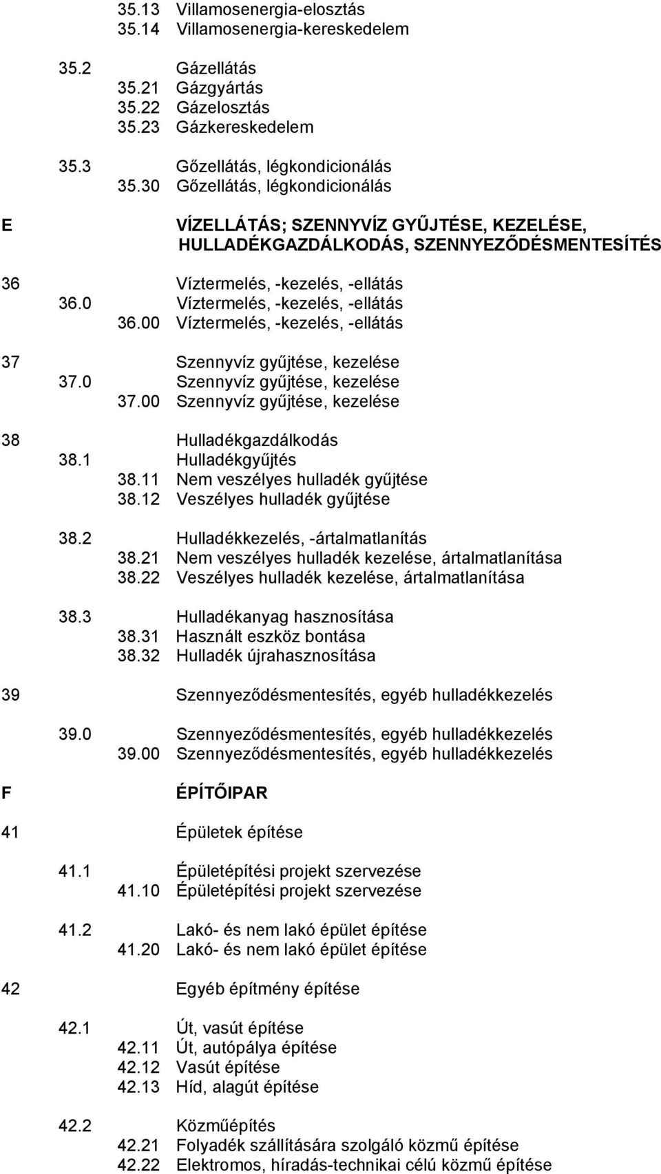 00 Víztermelés, -kezelés, -ellátás 37 Szennyvíz gyűjtése, kezelése 37.0 Szennyvíz gyűjtése, kezelése 37.00 Szennyvíz gyűjtése, kezelése 38 Hulladékgazdálkodás 38.1 Hulladékgyűjtés 38.